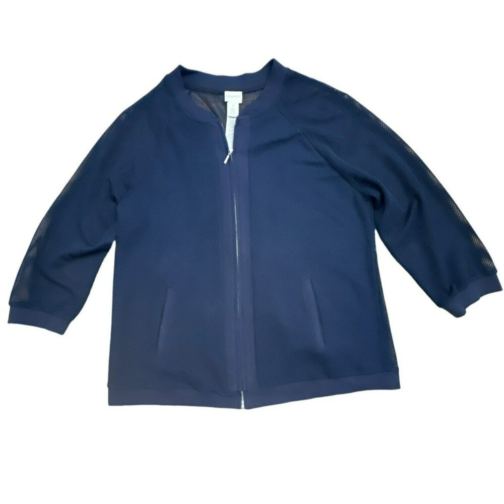 Chico's Navy Blue Mesh Jacket Size 1 Medium Long Sleeve Womens Zip Up Semi Sheer